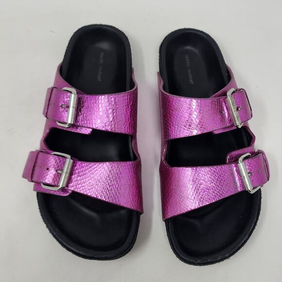 Isabel Marant Slide Sandal Women 6 Lennyo Fuchsia Pink Metallic Snakeskin Buckle - Picture 3 of 10